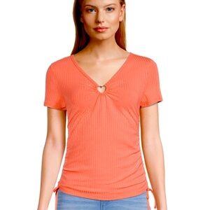 Coral key hole top, orange ruched short sleeved tee shirt, size medium